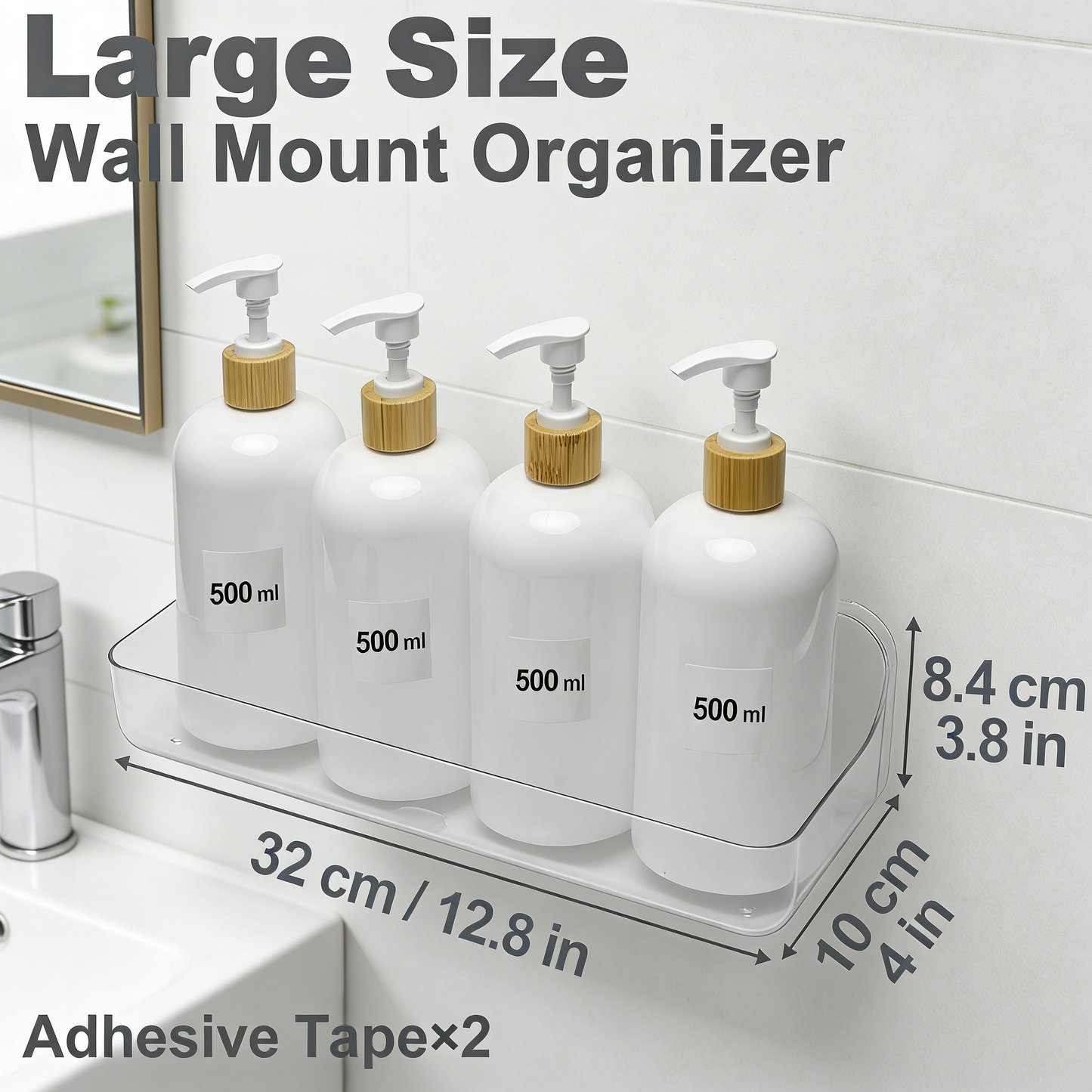 2-Pack No-Drilling Adhesive Shower Caddy, Large Clear Plastic Wall Mounted Organizer