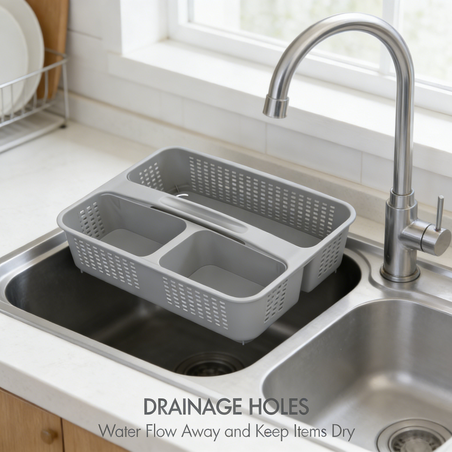 Plastic Divided Shower Caddy with Handle, Portable Compartment Storage Basket with Drainage Holes