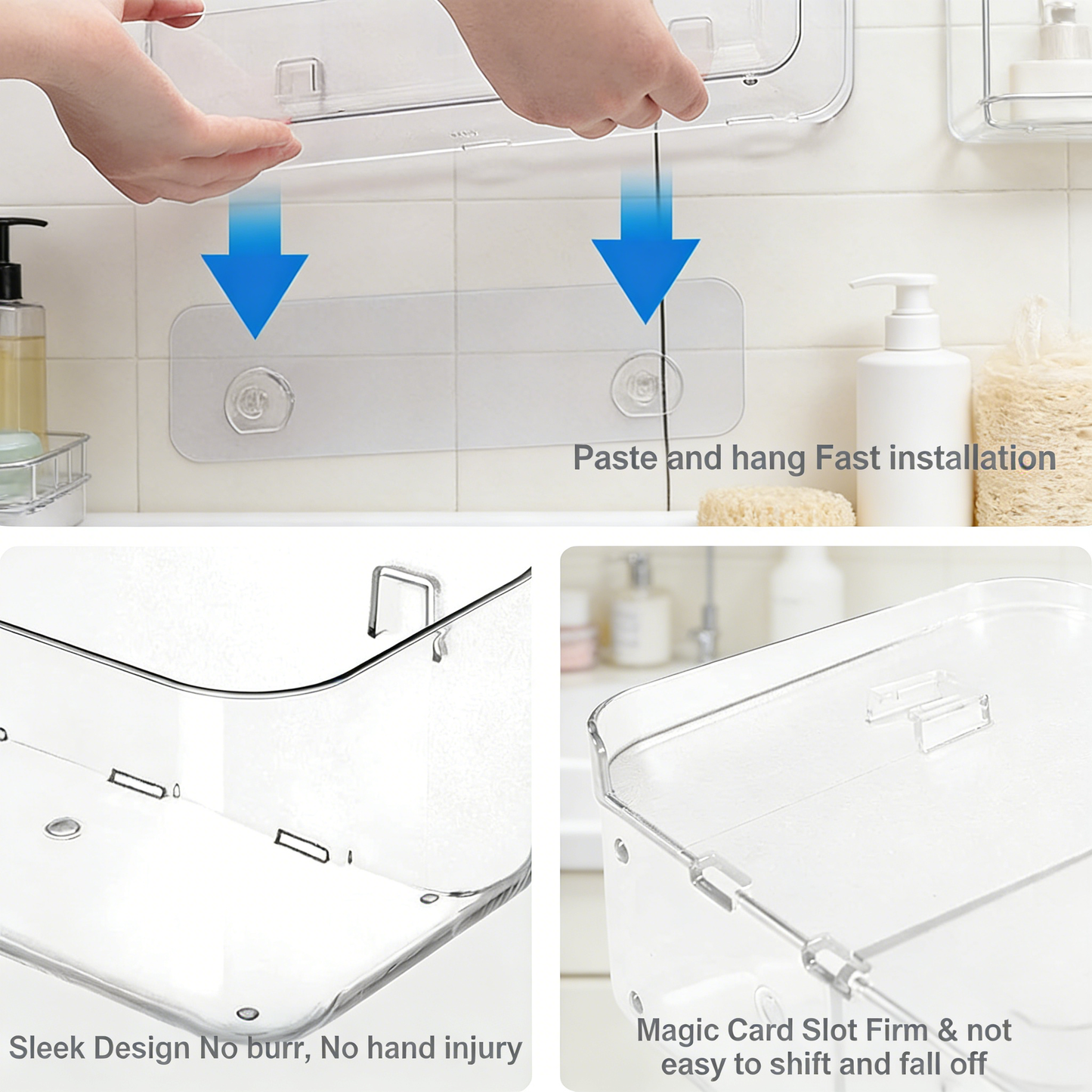 2-Pack No-Drilling Adhesive Shower Caddy, Large Clear Plastic Wall Mounted Organizer