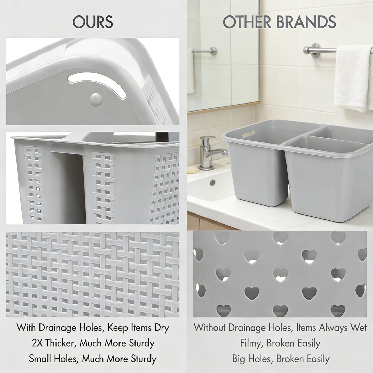 Plastic Divided Shower Caddy with Handle, Portable Compartment Storage Basket with Drainage Holes