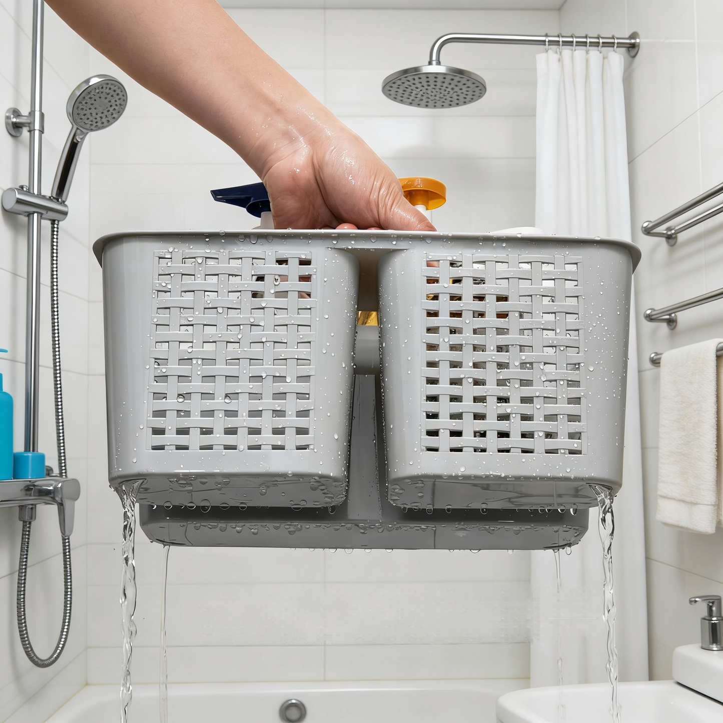 Plastic Divided Shower Caddy with Handle, Portable Compartment Storage Basket with Drainage Holes