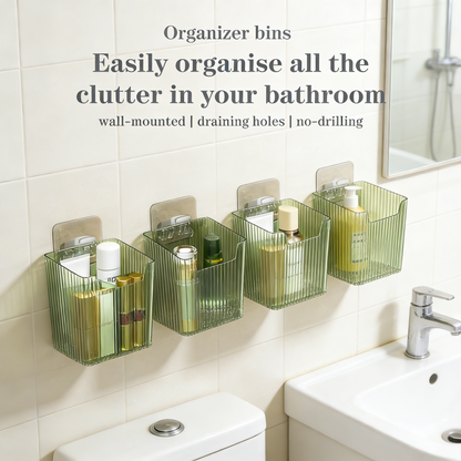 2-Pack Wall-Mounted & Desktop Storage Organizer Bins, No-Drilling Plastic Storage Baskets with Drainage Holes