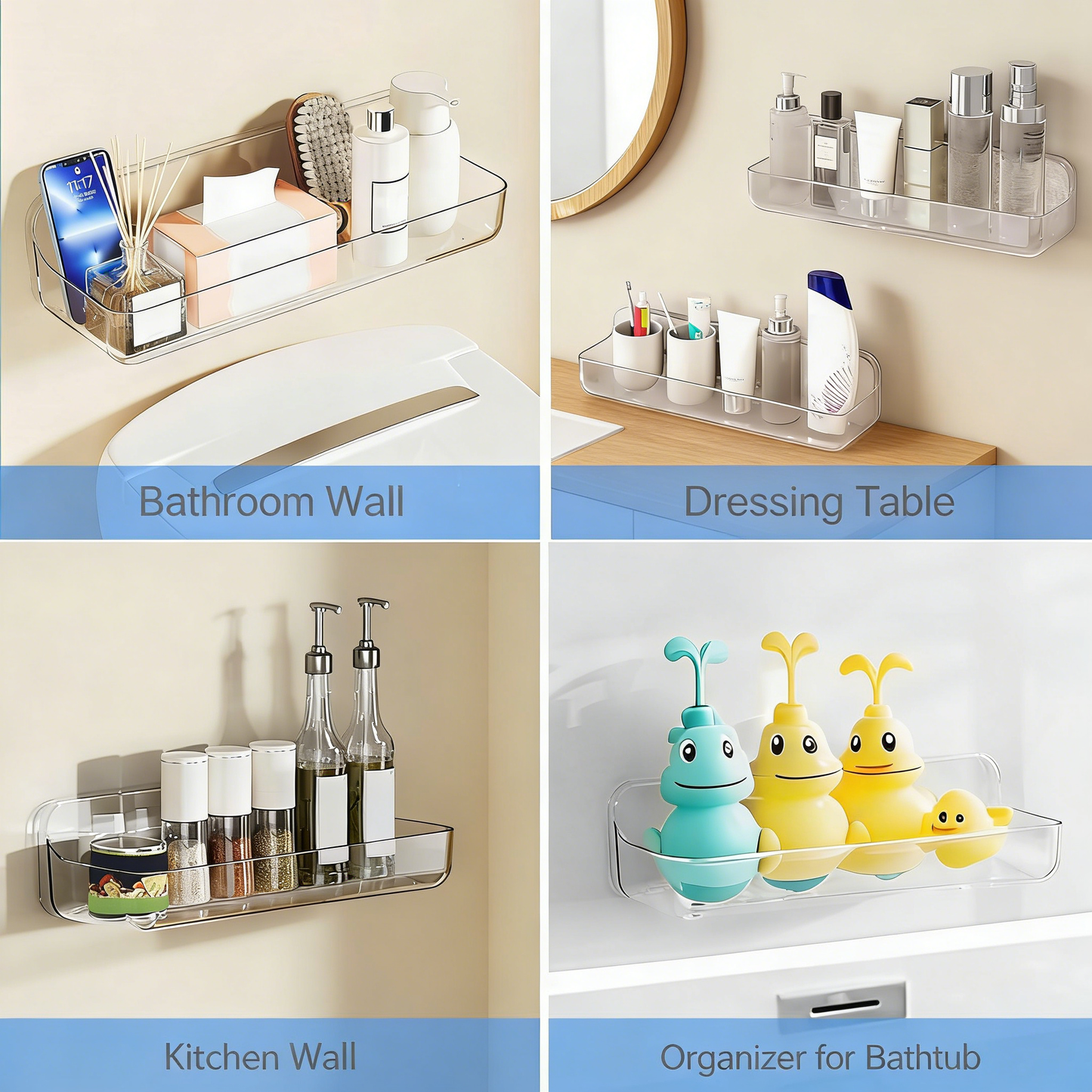 2-Pack No-Drilling Adhesive Shower Caddy, Large Clear Plastic Wall Mounted Organizer