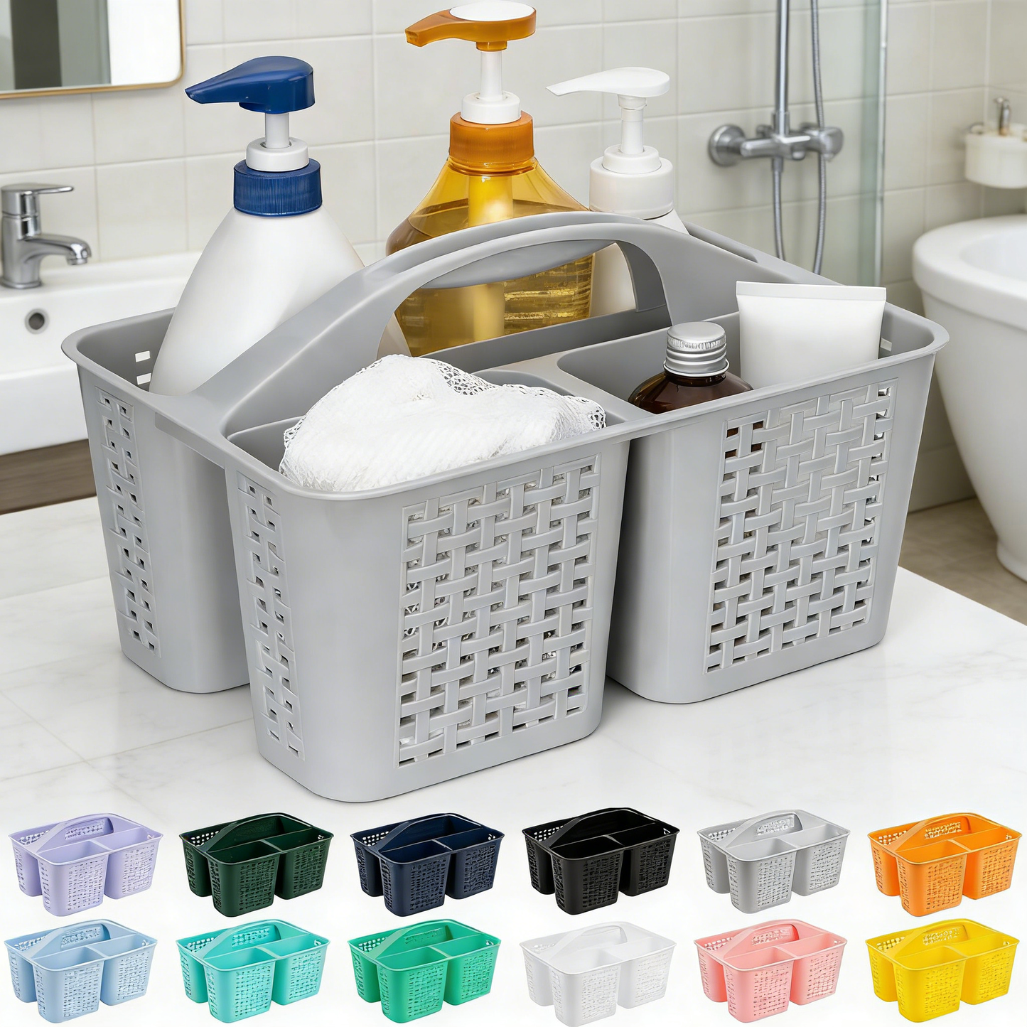 Plastic Divided Shower Caddy with Handle, Portable Compartment Storage Basket with Drainage Holes