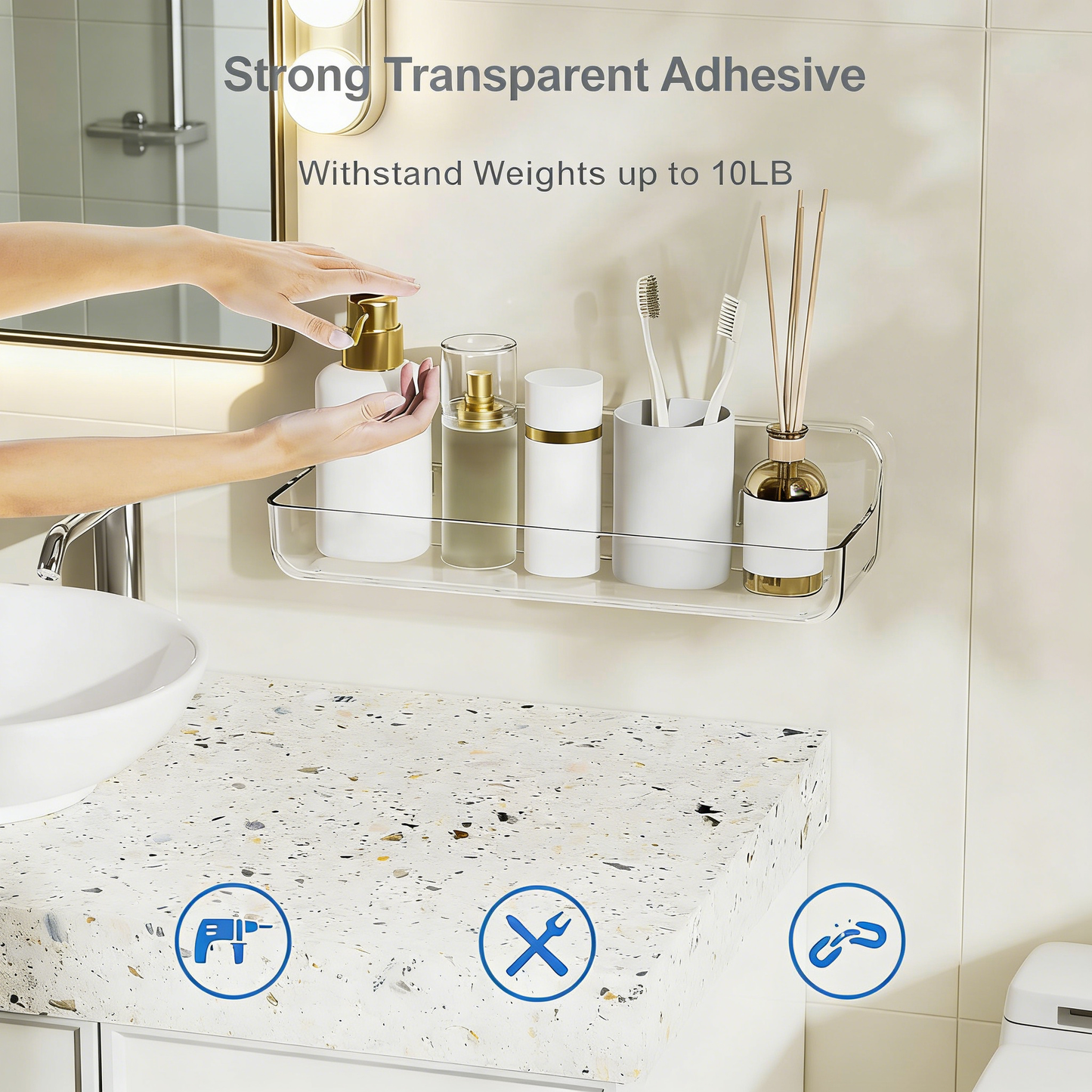 2-Pack No-Drilling Adhesive Shower Caddy, Large Clear Plastic Wall Mounted Organizer